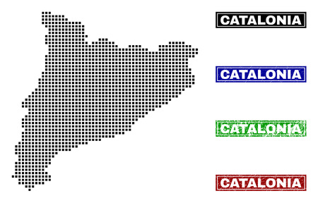 Dot vector abstract Catalonia map and isolated clean black, grunge red, blue, green stamp seals. Catalonia map caption inside draft framed rectangles and with grunge rubber texture.のイラスト素材