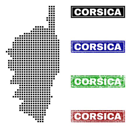 Vector dot abstract Corsica map and isolated clean black, grunge red, blue, green stamp seals. Corsica map label inside rough framed rectangles and with grunge rubber texture.のイラスト素材