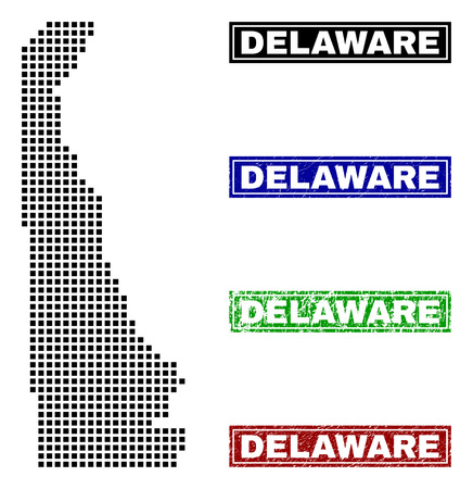 Dot vector abstracted Delaware State map and isolated clean black, grunge red, blue, green stamp seals. Delaware State map name inside draft framed rectangles and with grunge rubber texture.のイラスト素材