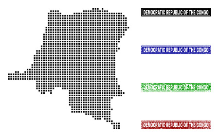 Dot vector abstracted Democratic Republic of the Congo map and isolated clean black, grunge red, blue, green stamp seals.のイラスト素材