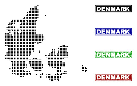 Vector dot abstracted Denmark map and isolated clean black, grunge red, blue, green stamp seals. Denmark map name inside rough framed rectangles and with grunge rubber texture.のイラスト素材