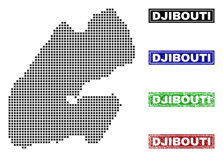 Vector dot abstract Djibouti map and isolated clean black, grunge red, blue, green stamp seals. Djibouti map caption inside draft framed rectangles and with retro rubber texture.のイラスト素材