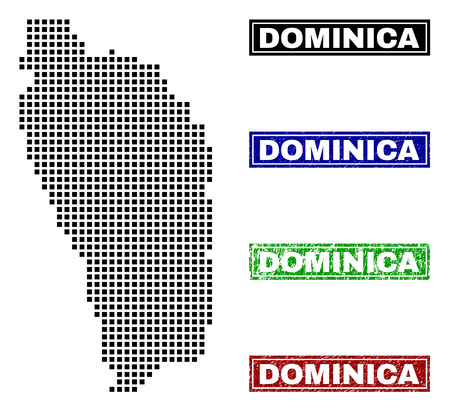 Vector dot abstract Dominica Island map and isolated clean black, grunge red, blue, green stamp seals. Dominica Island map tag inside draft framed rectangles and with unclean rubber texture.のイラスト素材
