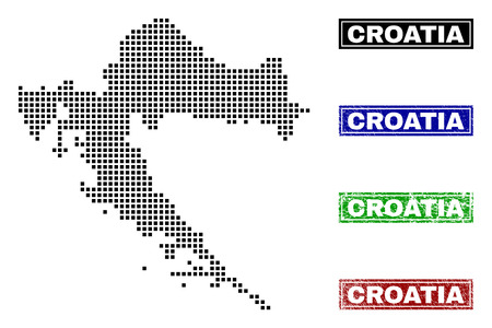 Dot vector abstracted Croatia map and isolated clean black, grunge red, blue, green stamp seals. Croatia map label inside rough framed rectangles and with grunge rubber texture.のイラスト素材