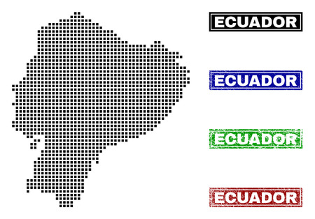 Dot vector abstract Ecuador map and isolated clean black, grunge red, blue, green stamp seals. Ecuador map tag inside rough framed rectangles and with grunge rubber texture.のイラスト素材
