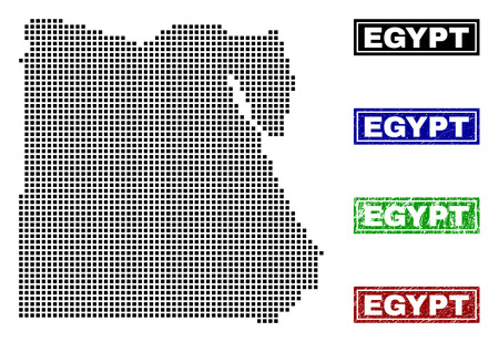 Vector dot abstracted Egypt map and isolated clean black, grunge red, blue, green stamp seals. Egypt map tag inside draft framed rectangles and with grunge rubber texture.のイラスト素材
