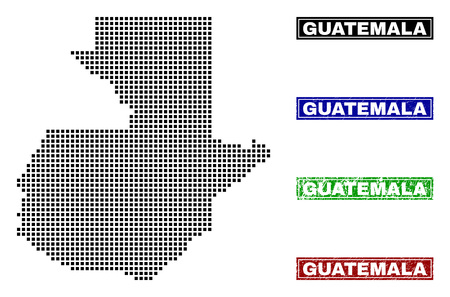 Vector dot abstract Guatemala map and isolated clean black, grunge red, blue, green stamp seals. Guatemala map tag inside rough framed rectangles and with grunge rubber texture.のイラスト素材