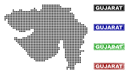 Dot vector abstract Gujarat State map and isolated clean black, grunge red, blue, green stamp seals. Gujarat State map name inside rough framed rectangles and with grunge rubber texture.のイラスト素材