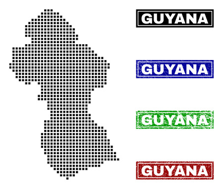 Vector dot abstract Guyana map and isolated clean black, grunge red, blue, green stamp seals. Guyana map name inside draft framed rectangles and with grunge rubber texture.のイラスト素材