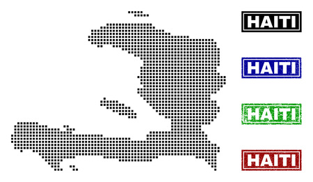 Vector dot abstract Haiti map and isolated clean black, grunge red, blue, green stamp seals. Haiti map title inside draft framed rectangles and with grunge rubber texture.のイラスト素材