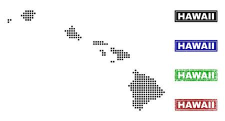 Vector dot abstract Hawaii State map and isolated clean black, grunge red, blue, green stamp seals. Hawaii State map label inside draft framed rectangles and with grunge rubber texture.のイラスト素材