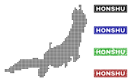 Vector dot abstracted Honshu Island map and isolated clean black, grunge red, blue, green stamp seals. Honshu Island map name inside rough framed rectangles and with grunge rubber texture.のイラスト素材
