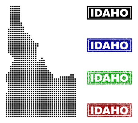 Dot vector abstracted Idaho State map and isolated clean black, grunge red, blue, green stamp seals. Idaho State map label inside draft framed rectangles and with grunge rubber texture.のイラスト素材