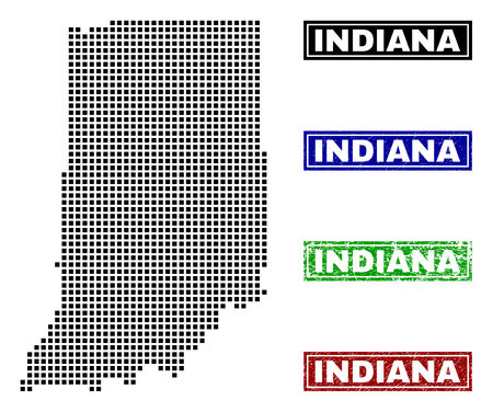 Vector dot abstract Indiana State map and isolated clean black, grunge red, blue, green stamp seals. Indiana State map label inside draft framed rectangles and with grunge rubber texture.のイラスト素材