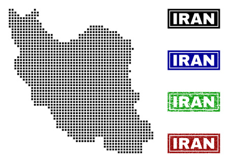 Dot vector abstracted Iran map and isolated clean black, grunge red, blue, green stamp seals. Iran map tag inside rough framed rectangles and with grunge rubber texture.のイラスト素材