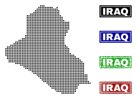 Dot vector abstracted Iraq map and isolated clean black, grunge red, blue, green stamp seals. Iraq map caption inside draft framed rectangles and with grunge rubber texture.のイラスト素材