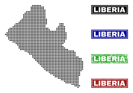 Dot vector abstract Liberia map and isolated clean black, grunge red, blue, green stamp seals. Liberia map title inside draft framed rectangles and with grunge rubber texture.のイラスト素材