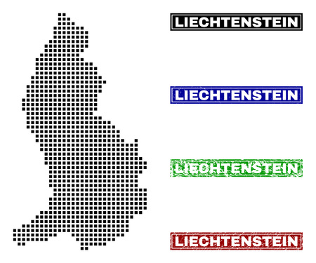Dot vector abstracted Liechtenstein map and isolated clean black, grunge red, blue, green stamp seals. Liechtenstein map label inside rough framed rectangles and with grunge rubber texture.のイラスト素材
