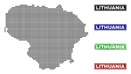 Dot vector abstract Lithuania map and isolated clean black, grunge red, blue, green stamp seals. Lithuania map label inside rough framed rectangles and with grunge rubber texture.のイラスト素材