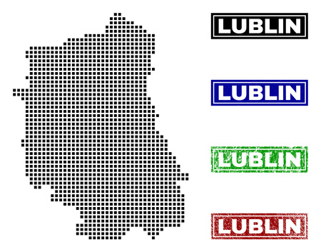 Vector dot abstracted Lublin Voivodeship map and isolated clean black, grunge red, blue, green stamp seals. Lublin Voivodeship map tag inside draft framed rectangles and with grunge rubber texture.のイラスト素材