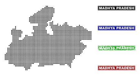 Dot vector abstract Madhya Pradesh State map and isolated clean black, grunge red, blue, green stamp seals.のイラスト素材