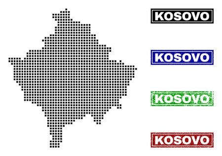 Dot vector abstracted Kosovo map and isolated clean black, grunge red, blue, green stamp seals. Kosovo map title inside rough framed rectangles and with unclean rubber texture.のイラスト素材