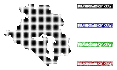 Vector dot abstracted Krasnodarskiy Kray map and isolated clean black, grunge red, blue, green stamp seals. Krasnodarskiy Kray map name inside draft framed rectangles and with grunge rubber texture.のイラスト素材