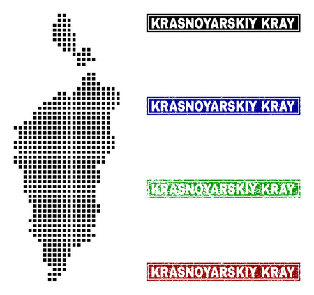 Vector dot abstracted Krasnoyarskiy Kray map and isolated clean black, grunge red, blue, green stamp seals. Krasnoyarskiy Kray map name inside rough framed rectangles and with grunge rubber texture.のイラスト素材