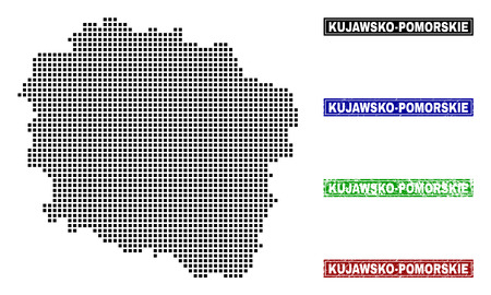 Vector dot abstract Kuyavian-Pomeranian Voivodeship map and isolated clean black, grunge red, blue, green stamp seals.のイラスト素材