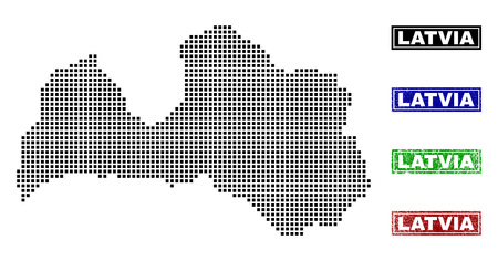 Vector dot abstract Latvia map and isolated clean black, grunge red, blue, green stamp seals. Latvia map label inside draft framed rectangles and with grunge rubber texture.のイラスト素材