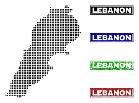 Dot vector abstract Lebanon map and isolated clean black, grunge red, blue, green stamp seals. Lebanon map title inside draft framed rectangles and with unclean rubber texture.のイラスト素材