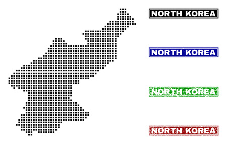 Dot vector abstracted North Korea map and isolated clean black, grunge red, blue, green stamp seals. North Korea map name inside rough framed rectangles and with grunge rubber texture.のイラスト素材
