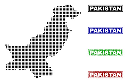Vector dot abstracted Pakistan map and isolated clean black, grunge red, blue, green stamp seals. Pakistan map caption inside rough framed rectangles and with grunge rubber texture.のイラスト素材