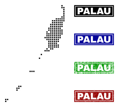 Dot vector abstract Palau map and isolated clean black, grunge red, blue, green stamp seals. Palau map label inside draft framed rectangles and with grunge rubber texture.のイラスト素材