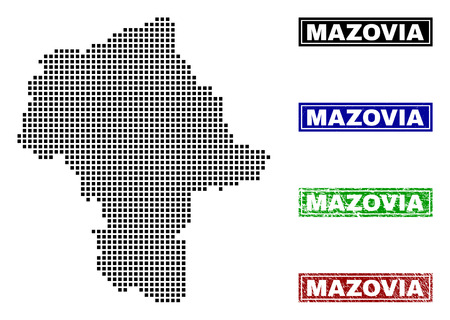 Dot vector abstracted Masovian Voivodeship map and isolated clean black, grunge red, blue, green stamp seals.のイラスト素材