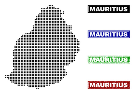 Vector dot abstract Mauritius Island map and isolated clean black, grunge red, blue, green stamp seals. Mauritius Island map caption inside draft framed rectangles and with grunge rubber texture.のイラスト素材