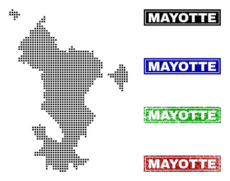 Dot vector abstract Mayotte Island map and isolated clean black, grunge red, blue, green stamp seals. Mayotte Island map tag inside rough framed rectangles and with grunge rubber texture.のイラスト素材