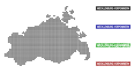 Dot vector abstract Mecklenburg-Vorpommern Land map and isolated clean black, grunge red, blue, green stamp seals.のイラスト素材