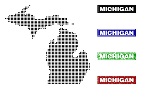 Vector dot abstracted Michigan State map and isolated clean black, grunge red, blue, green stamp seals. Michigan State map name inside rough framed rectangles and with grunge rubber texture.のイラスト素材