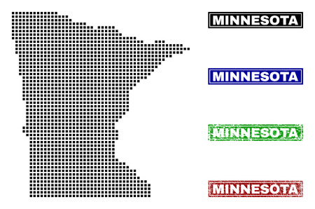 Dot vector abstracted Minnesota State map and isolated clean black, grunge red, blue, green stamp seals. Minnesota State map tag inside draft framed rectangles and with grunge rubber texture.のイラスト素材