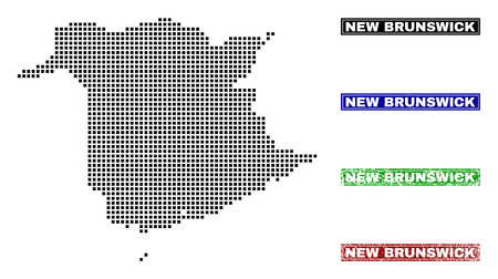 Dot vector abstracted New Brunswick Province map and isolated clean black, grunge red, blue, green stamp seals.のイラスト素材