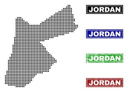 Dot vector abstracted Jordan map and isolated clean black, grunge red, blue, green stamp seals. Jordan map name inside draft framed rectangles and with grunge rubber texture.のイラスト素材
