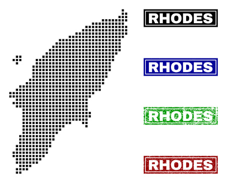 Vector dot abstracted Rhodes Island map and isolated clean black, grunge red, blue, green stamp seals. Rhodes Island map tag inside draft framed rectangles and with grunge rubber texture.のイラスト素材