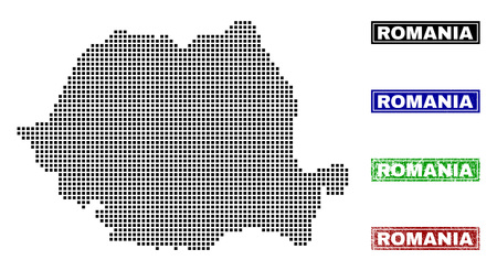 Vector dot abstract Romania map and isolated clean black, grunge red, blue, green stamp seals. Romania map tag inside draft framed rectangles and with grunge rubber texture.のイラスト素材