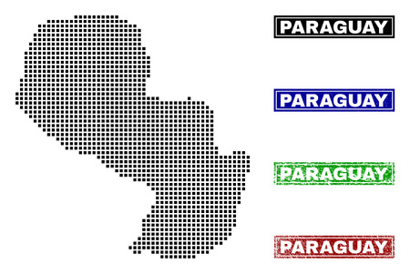 Dot vector abstract Paraguay map and isolated clean black, grunge red, blue, green stamp seals. Paraguay map tag inside rough framed rectangles and with grunge rubber texture.のイラスト素材