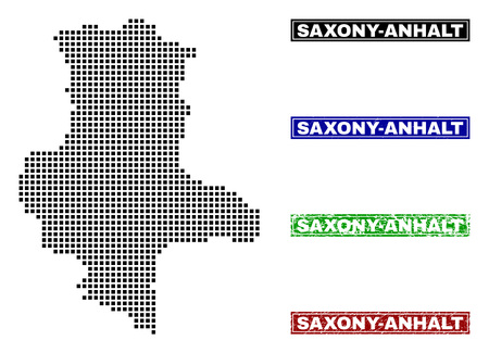 Vector dot abstract Saxony-Anhalt Land map and isolated clean black, grunge red, blue, green stamp seals. Saxony-Anhalt Land map title inside rough framed rectangles and with grunge rubber texture.のイラスト素材