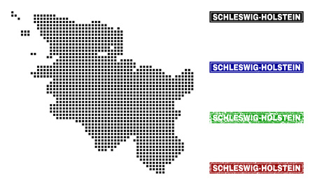Dot vector abstract Schleswig-Holstein Land map and isolated clean black, grunge red, blue, green stamp seals.のイラスト素材