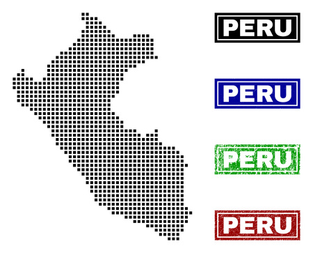 Vector dot abstracted Peru map and isolated clean black, grunge red, blue, green stamp seals. Peru map label inside draft framed rectangles and with grunge rubber texture.のイラスト素材