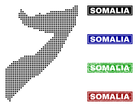 Dot vector abstract Somalia map and isolated clean black, grunge red, blue, green stamp seals. Somalia map title inside rough framed rectangles and with grunge rubber texture.のイラスト素材