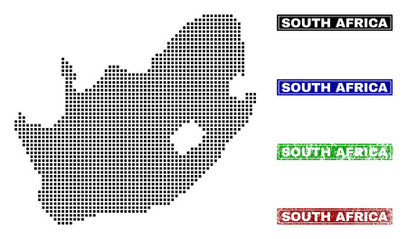 Dot vector abstracted South African Republic map and isolated clean black, grunge red, blue, green stamp seals.のイラスト素材